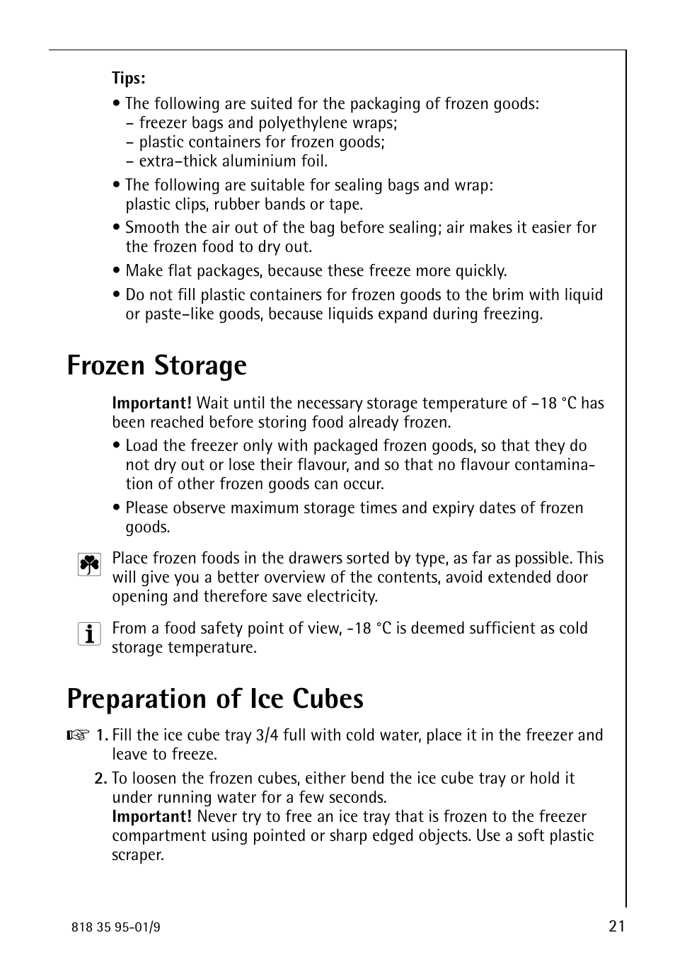 Frozen storage, Preparation of ice cubes | AEG ARCTIS 75248 GA1 User Manual | Page 21 / 32