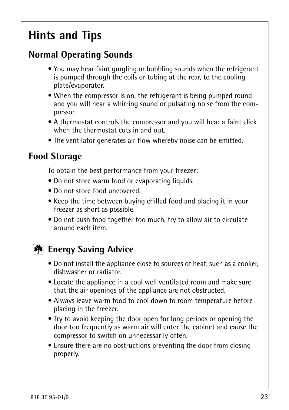 Hints and tips, Normal operating sounds, Food storage | Energy saving advice | AEG ARCTIS 75248 GA1 User Manual | Page 23 / 32