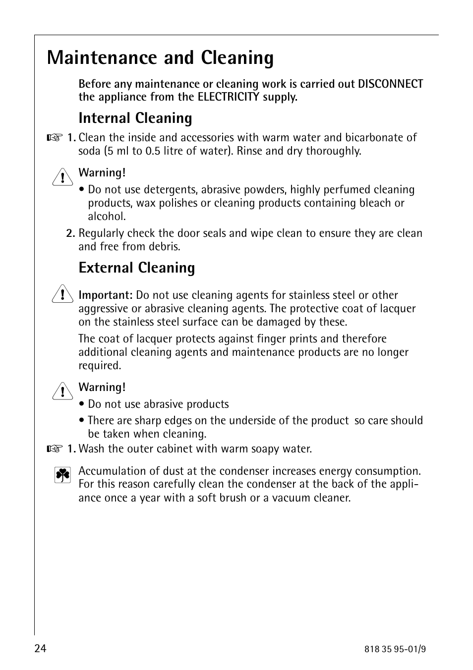 Maintenance and cleaning, Internal cleaning, External cleaning | AEG ARCTIS 75248 GA1 User Manual | Page 24 / 32