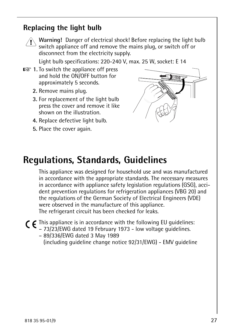 Regulations, standards, guidelines, Replacing the light bulb | AEG ARCTIS 75248 GA1 User Manual | Page 27 / 32