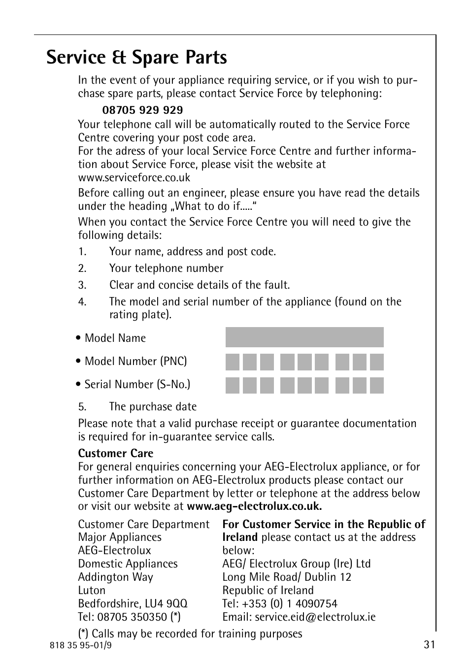 Service & spare parts | AEG ARCTIS 75248 GA1 User Manual | Page 31 / 32