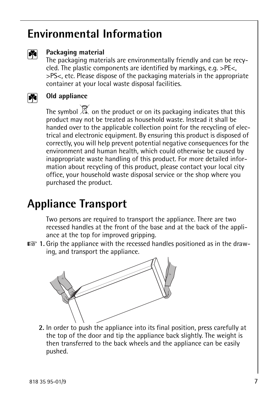 Environmental information 2, Appliance transport | AEG ARCTIS 75248 GA1 User Manual | Page 7 / 32