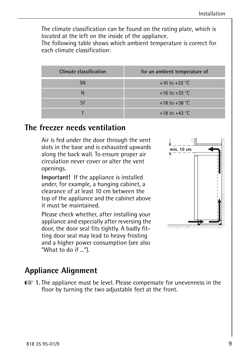 The freezer needs ventilation, Appliance alignment | AEG ARCTIS 75248 GA1 User Manual | Page 9 / 32