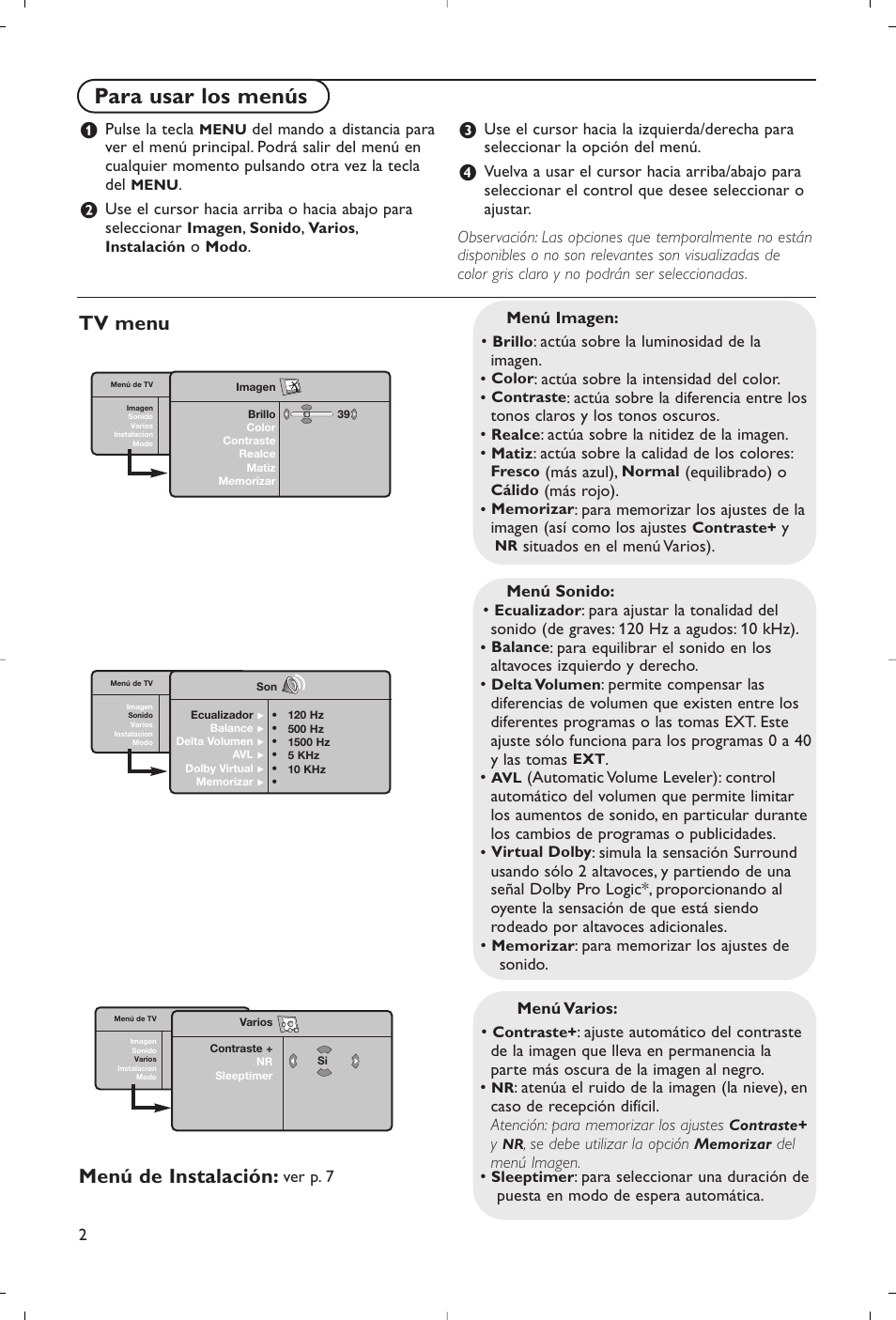 Para usar los menús, Tv menu menú de instalación | Philips Flat TV User Manual | Page 107 / 177