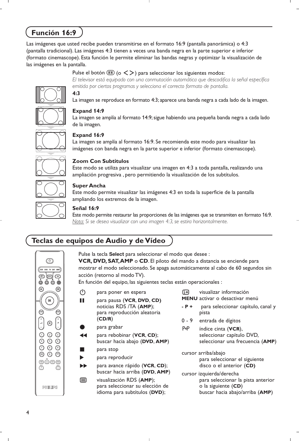 Función 16:9, Teclas de equipos de audio y de vídeo, Pulse la tecla | Bpara poner en espera º para pausa, Noticias rds /ta, Para reproducción aleatoria, Para grabar ò para rebobinar, Buscar hacia abajo, Para stop π para reproducir † para avance rápido, Buscar hacia arriba | Philips Flat TV User Manual | Page 109 / 177