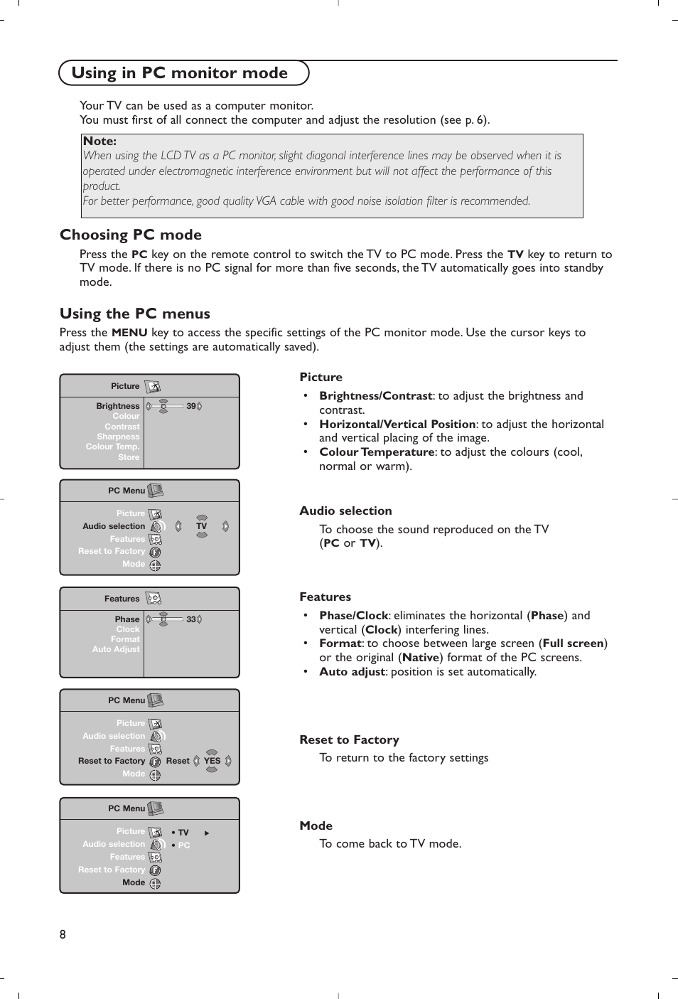 Using in pc monitor mode, Choosing pc mode, Using the pc menus | Philips Flat TV User Manual | Page 11 / 177