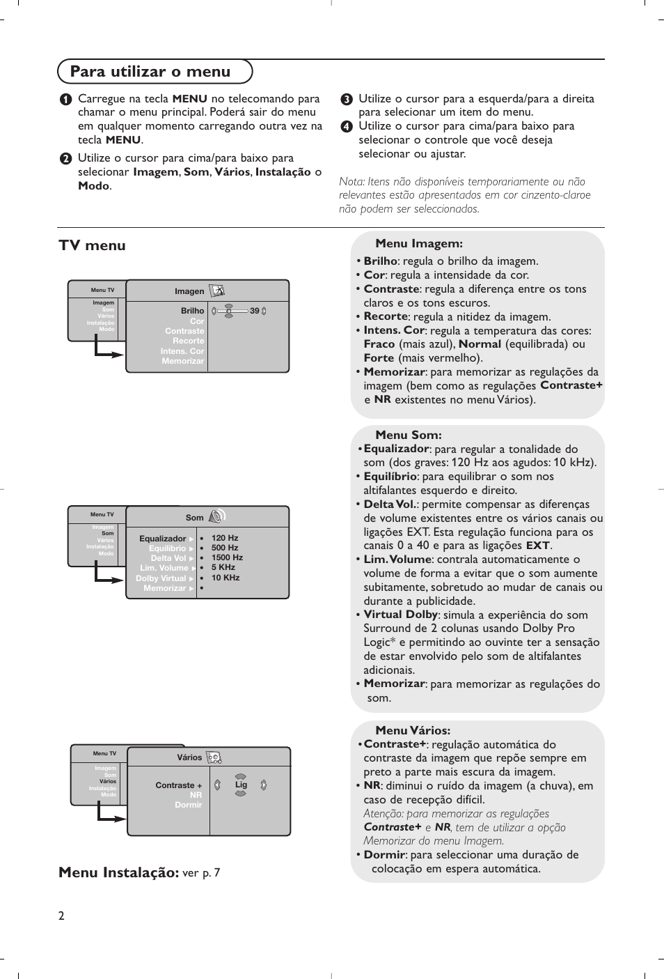 Para utilizar o menu, Tv menu menu instalação | Philips Flat TV User Manual | Page 117 / 177