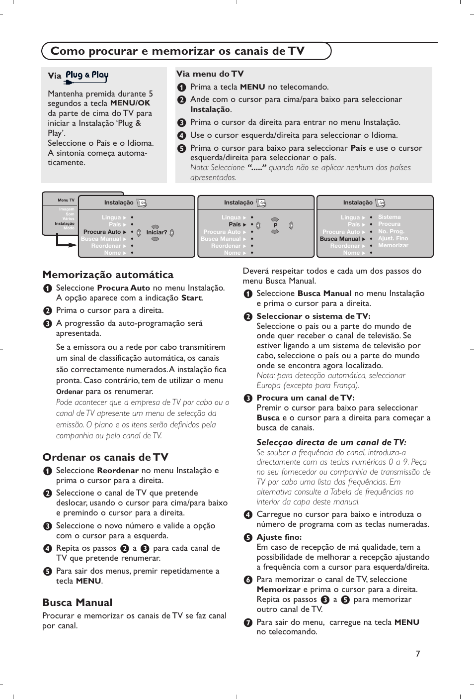 Ordenar os canais de tv, Busca manual | Philips Flat TV User Manual | Page 122 / 177