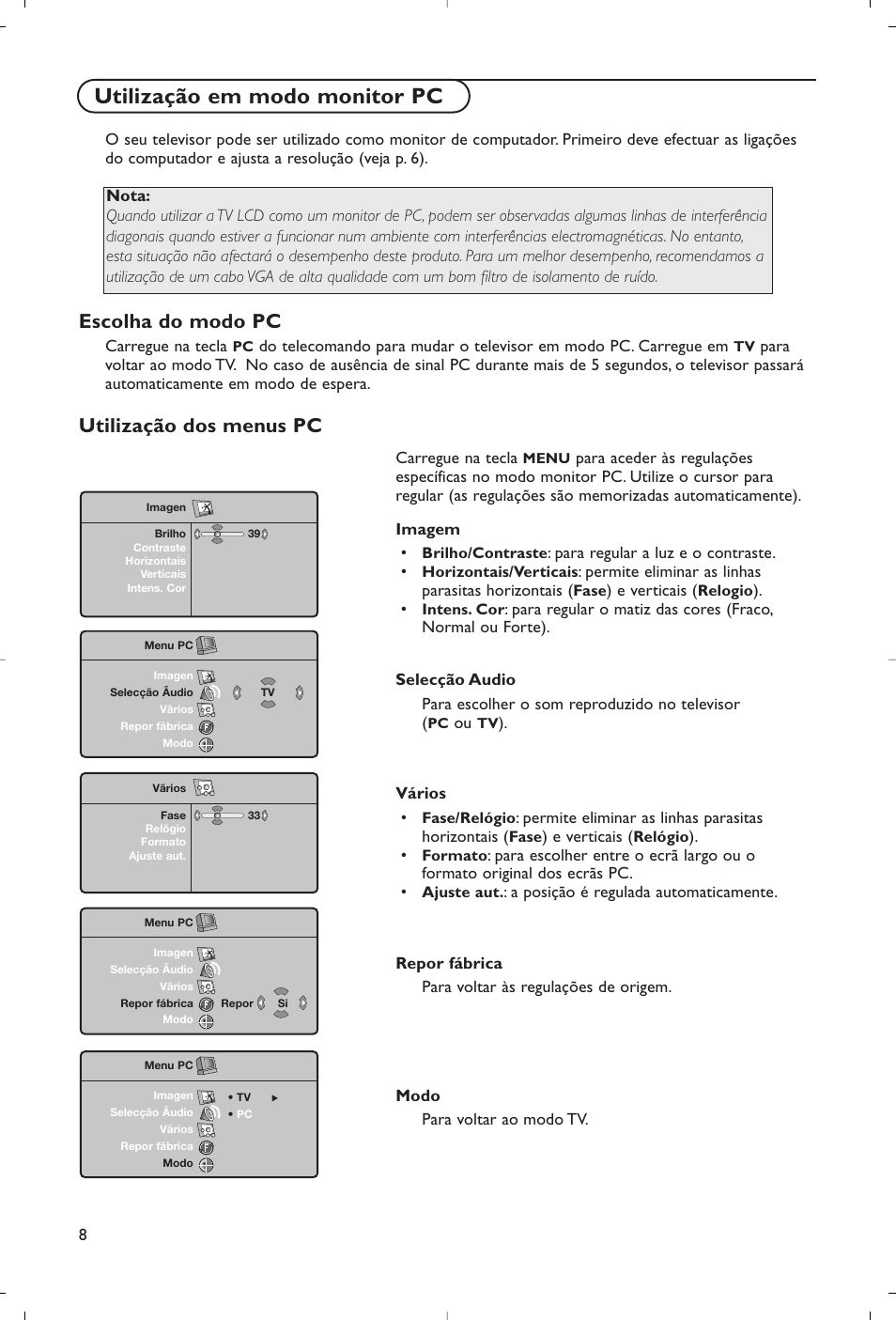 Utilização em modo monitor pc, Escolha do modo pc, Utilização dos menus pc | Philips Flat TV User Manual | Page 123 / 177