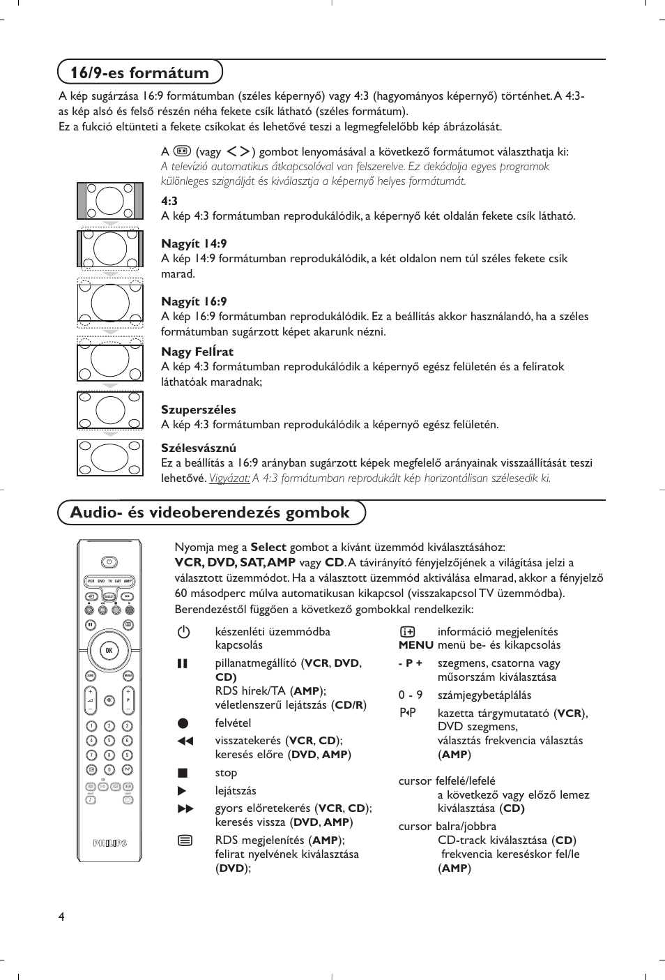 16/9-es formátum, Audio- és videoberendezés gombok, Vagy | Rds hírek/ta, Véletlenszerű lejátszás, Felvétel ò visszatekerés, Keresés előre, Stop π lejátszás † gyors előretekerés, Keresés vissza, B rds megjelenítés | Philips Flat TV User Manual | Page 139 / 177