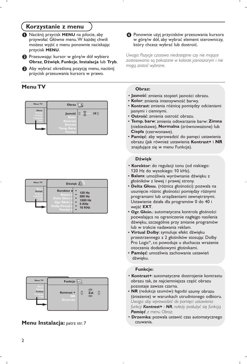 Korzystanie z menu, Menu tv menu instalacja | Philips Flat TV User Manual | Page 147 / 177