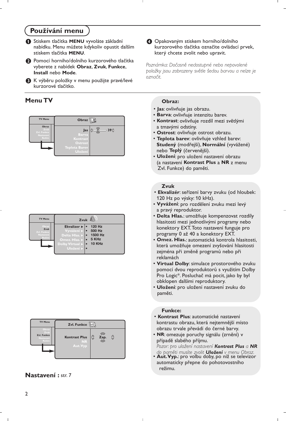 Používání menu, Menu tv nastavení | Philips Flat TV User Manual | Page 157 / 177