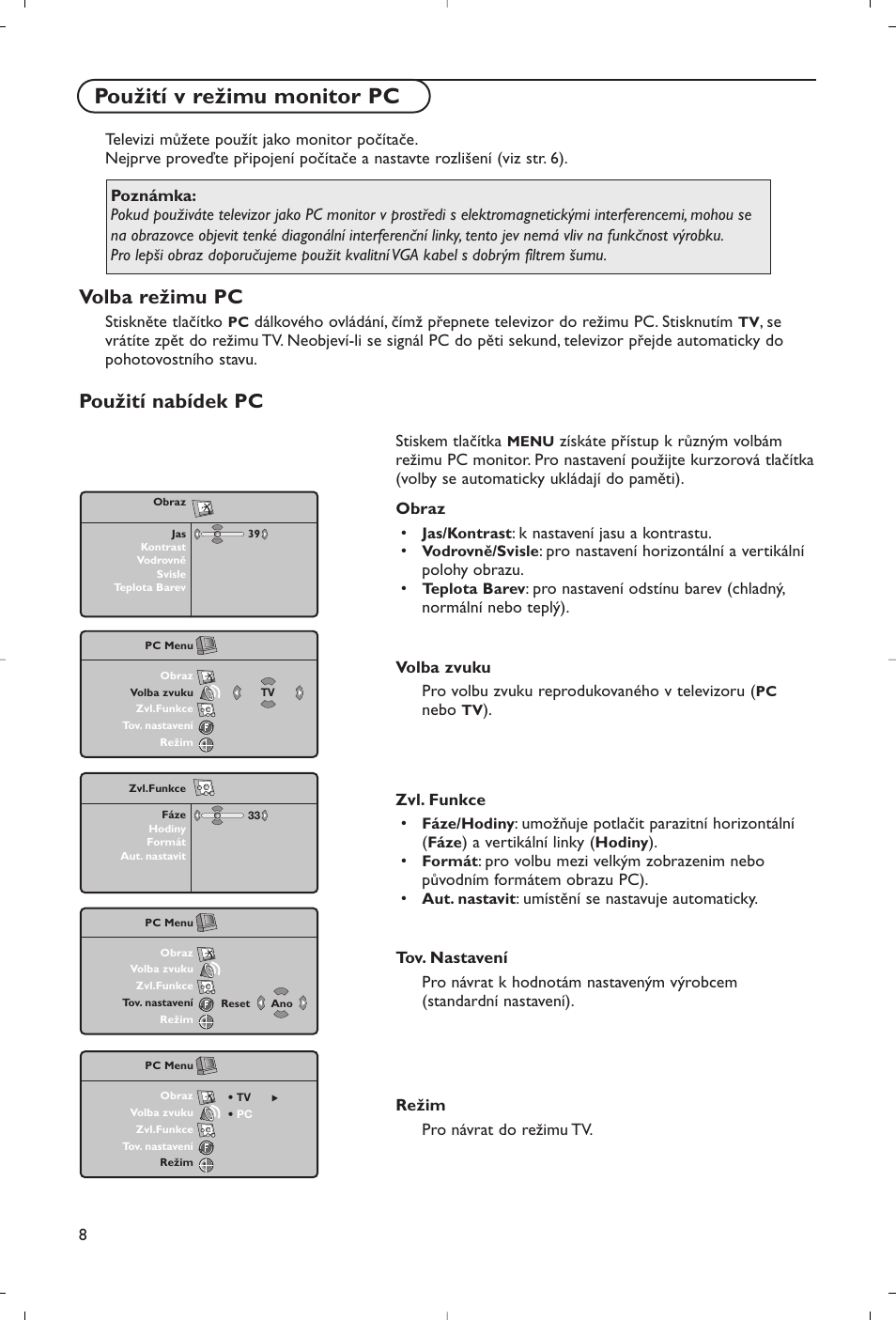 Použití v režimu monitor pc, Volba režimu pc, Použití nabídek pc | Philips Flat TV User Manual | Page 163 / 177