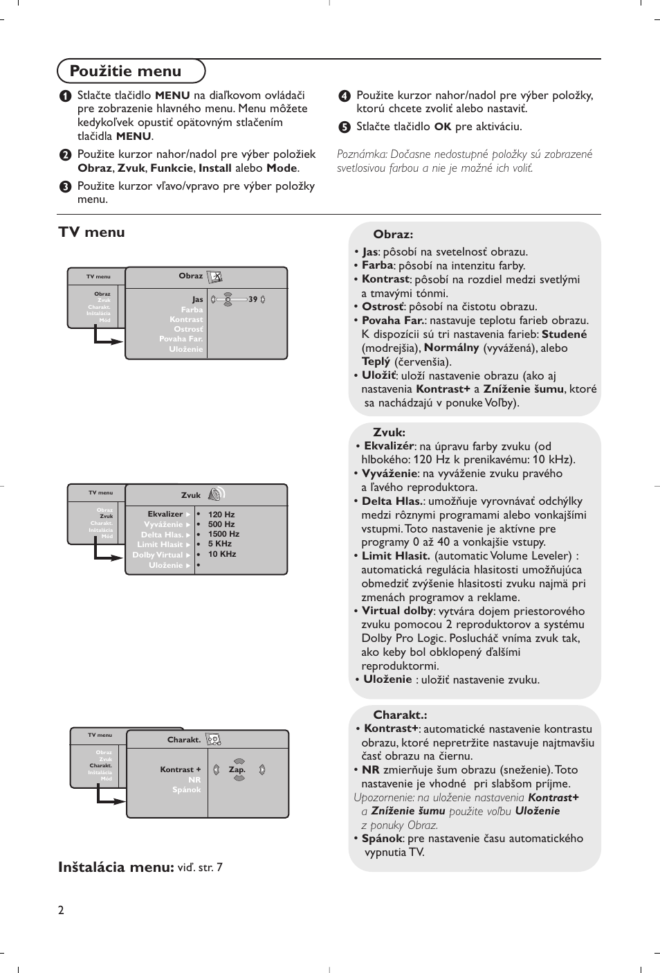 Použitie menu, Tv menu inštalácia menu | Philips Flat TV User Manual | Page 167 / 177