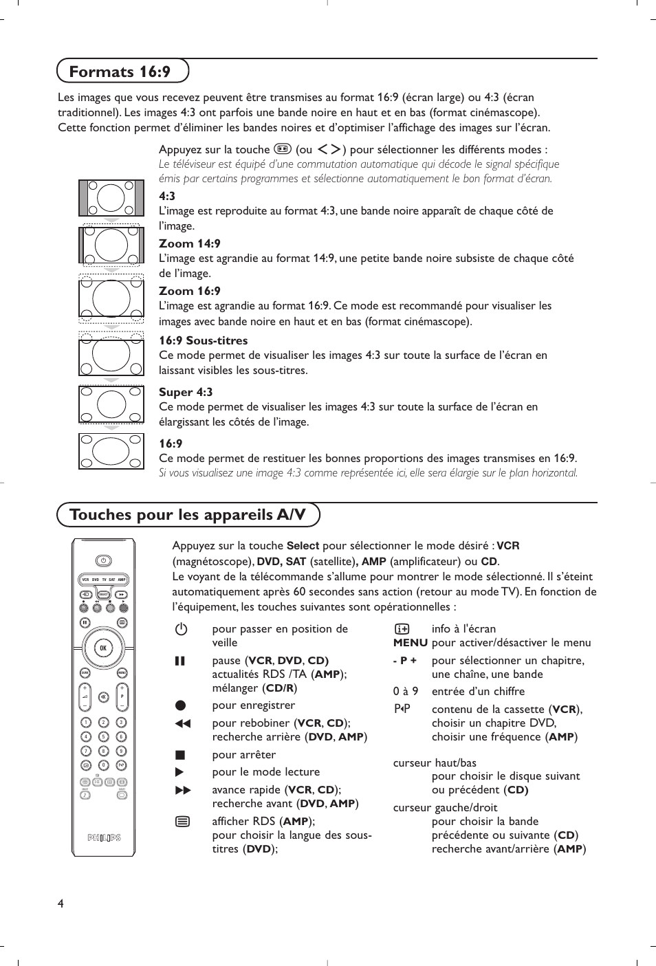 Formats 16:9, Touches pour les appareils a/v, Appuyez sur la touche | Pour sélectionner le mode désiré, Magnétoscope), Satellite), Amplificateur) ou, Bpour passer en position de veille º pause, Actualités rds /ta, Mélanger | Philips Flat TV User Manual | Page 17 / 177