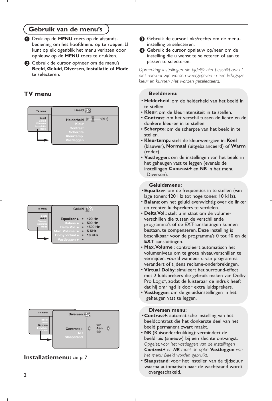 Gebruik van de menu’s, Tv menu installatiemenu | Philips Flat TV User Manual | Page 25 / 177