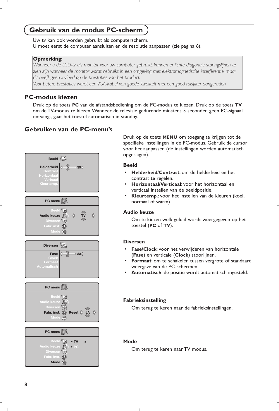 Gebruik van de modus pc-scherm, Pc-modus kiezen, Gebruiken van de pc-menu’s | Philips Flat TV User Manual | Page 31 / 177