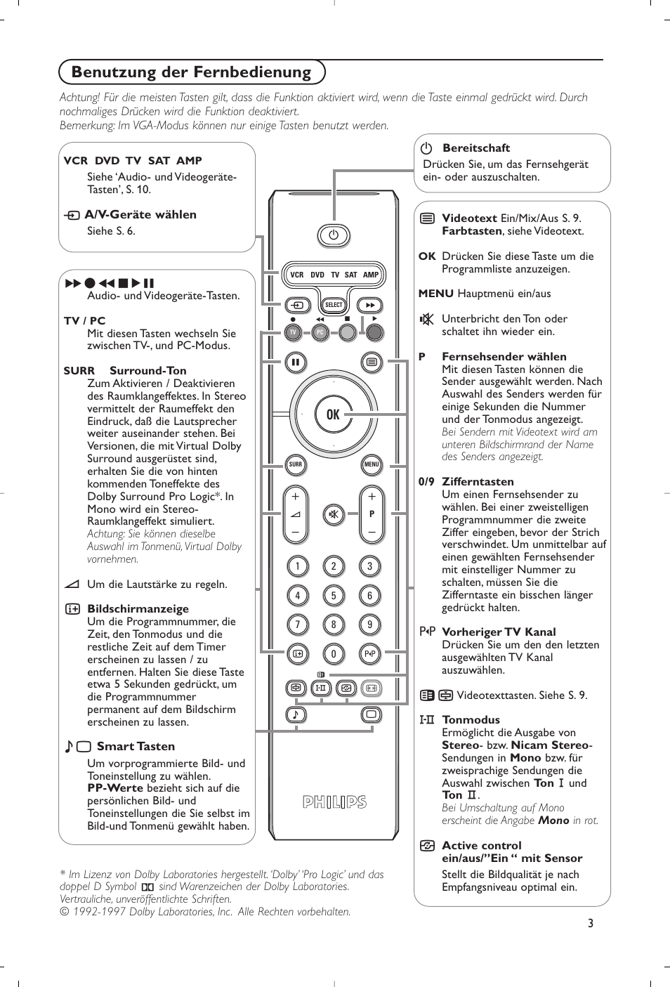 Benutzung der fernbedienung | Philips Flat TV User Manual | Page 36 / 177