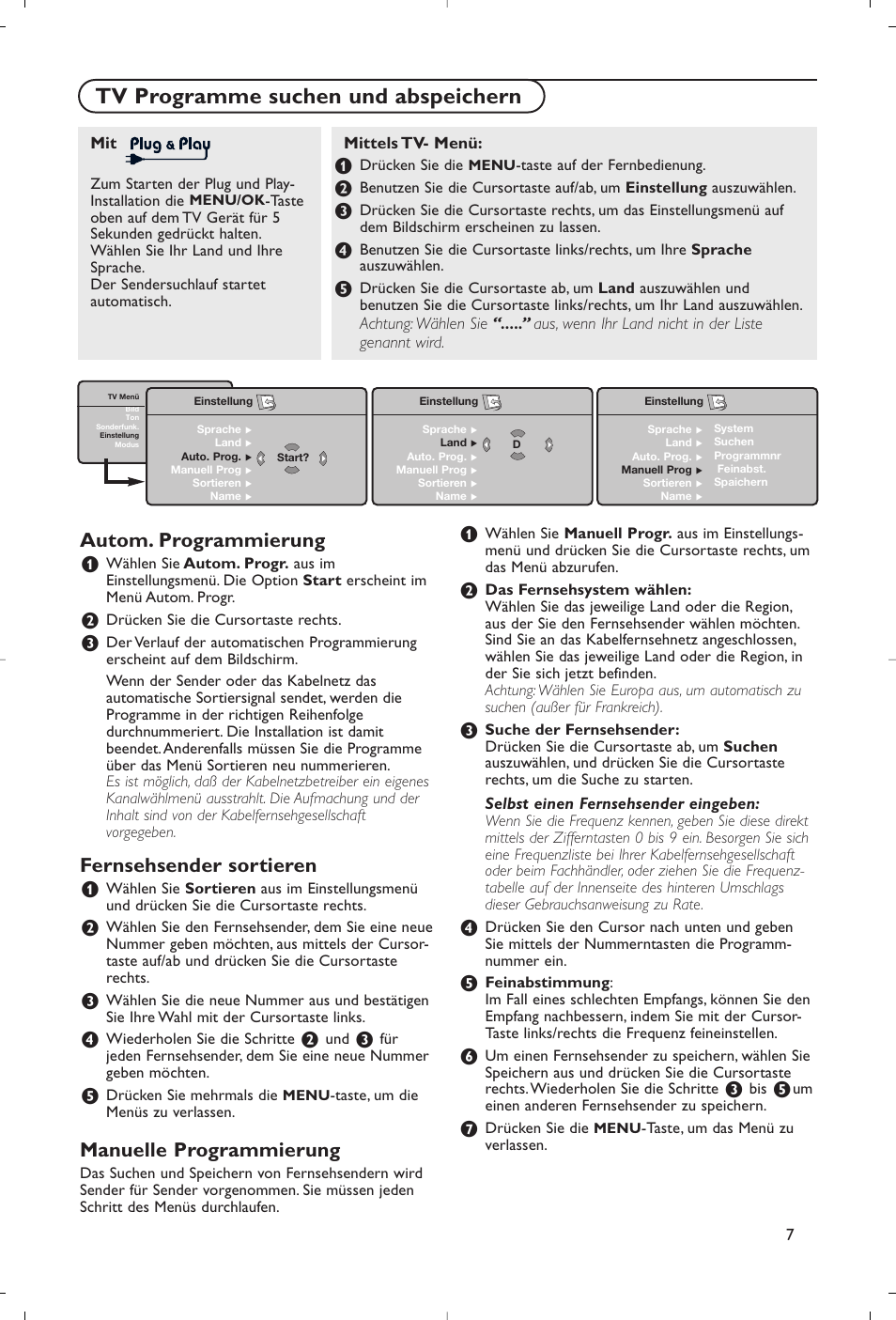 Tv programme suchen und abspeichern, Autom. programmierung, Fernsehsender sortieren | Manuelle programmierung | Philips Flat TV User Manual | Page 40 / 177