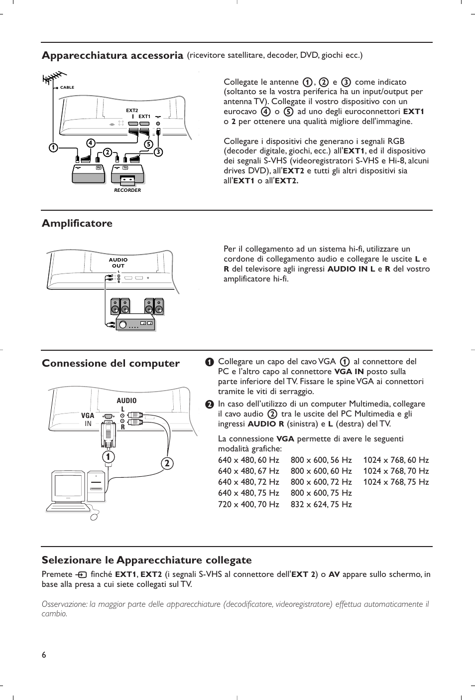 Connessione del computer, Apparecchiatura accessoria, Amplificatore | Selezionare le apparecchiature collegate | Philips Flat TV User Manual | Page 49 / 177