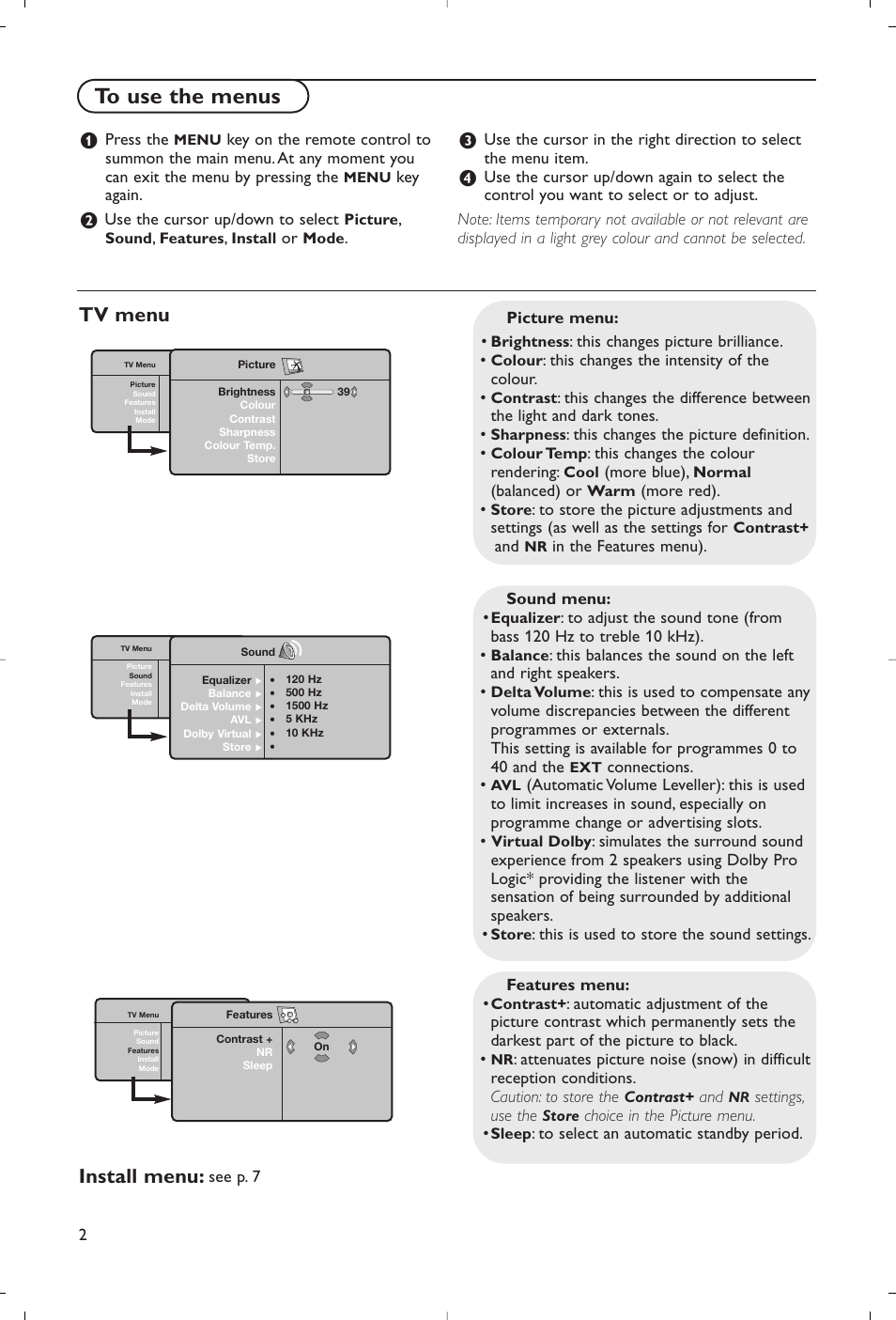 Tv menu install menu | Philips Flat TV User Manual | Page 5 / 177