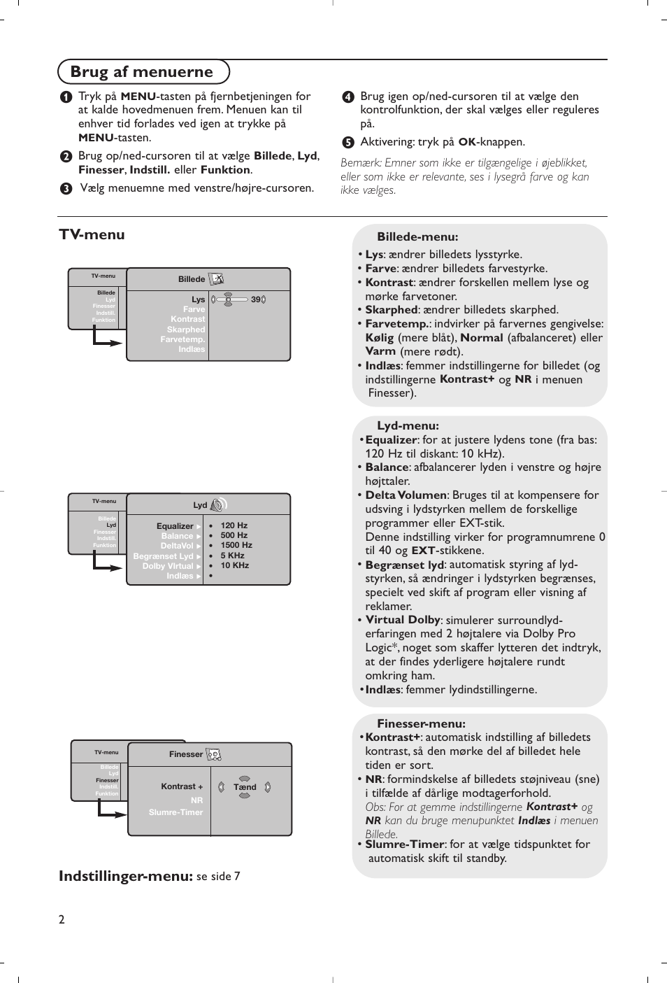 Brug af menuerne, Tv-menu indstillinger-menu | Philips Flat TV User Manual | Page 55 / 177