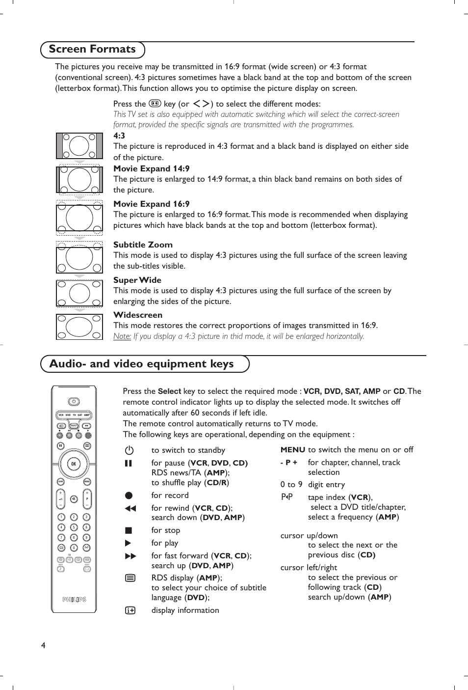 Screen formats, Audio- and video equipment keys, Key (or | Press the, Key to select the required mode, Bto switch to standby º for pause, Rds news/ta, For record ò for rewind, Search down, For stop π for play † for fast forward | Philips Flat TV User Manual | Page 7 / 177