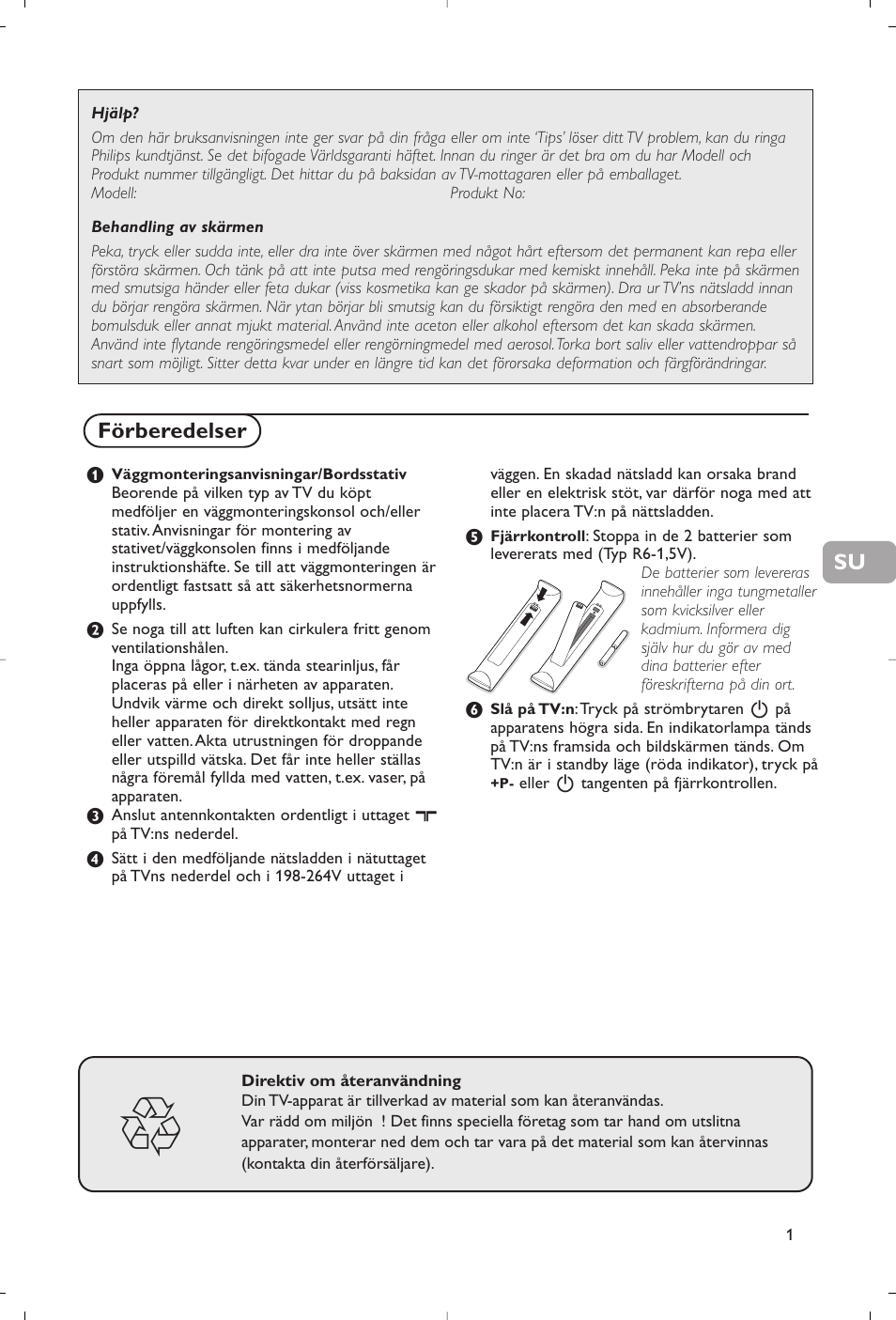 Förberedelser | Philips Flat TV User Manual | Page 74 / 177