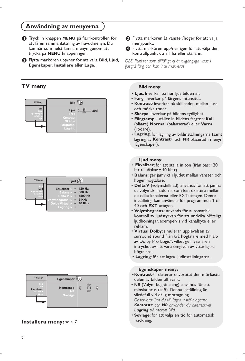 Användning av menyerna, Tv meny installera meny | Philips Flat TV User Manual | Page 75 / 177