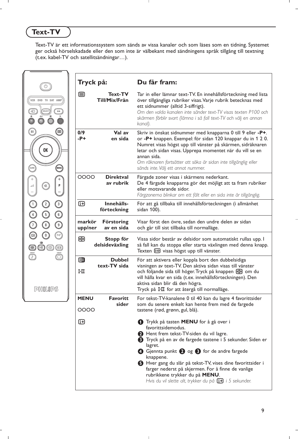 Text-tv, Tryck på: du får fram | Philips Flat TV User Manual | Page 82 / 177