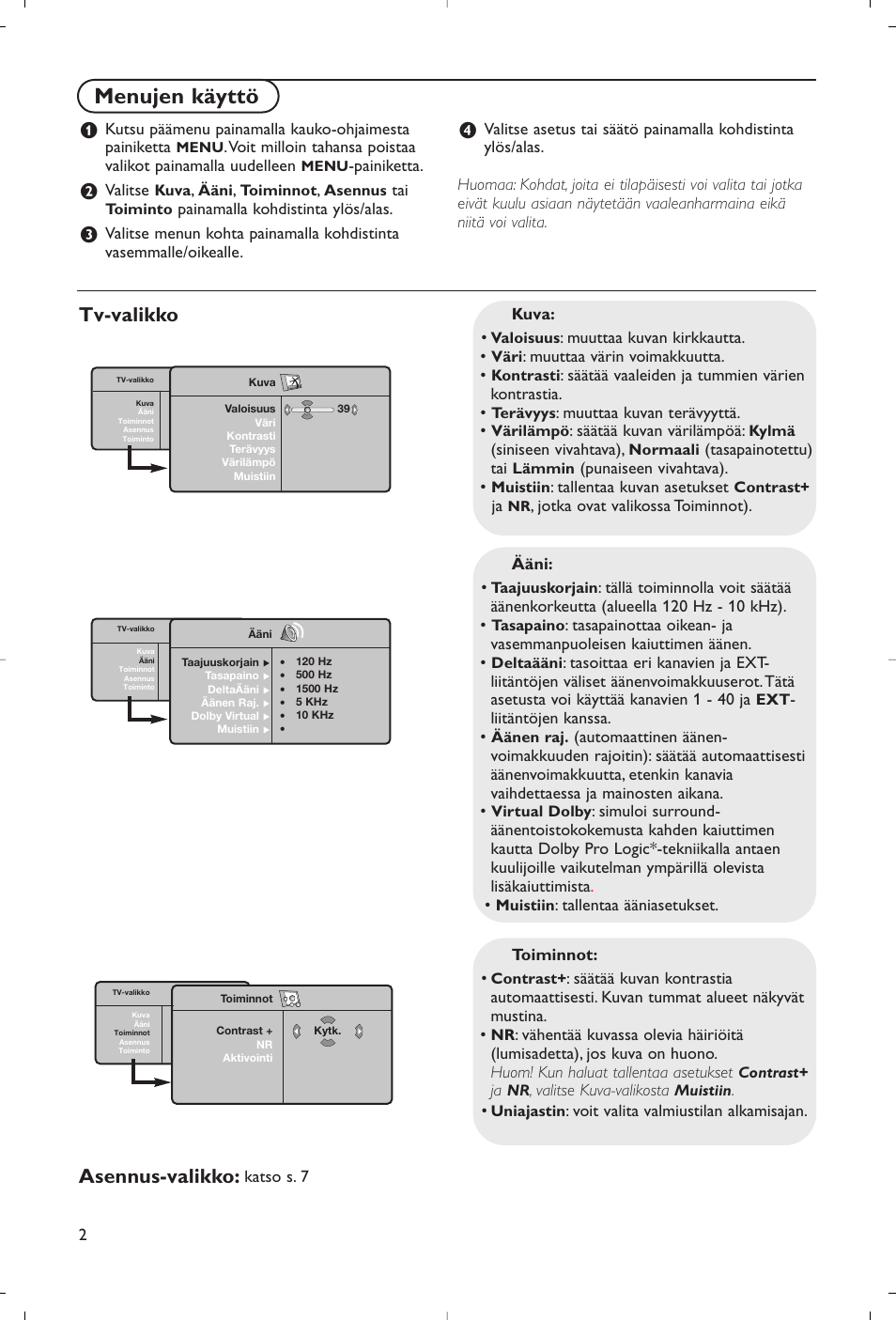 Menujen käyttö, Tv-valikko asennus-valikko | Philips Flat TV User Manual | Page 85 / 177