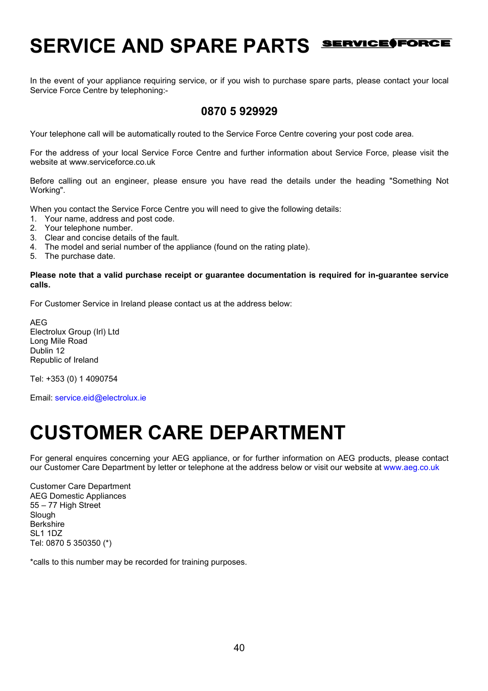 Service and spare parts, Customer care department | AEG COMPETENCE D8800-4 User Manual | Page 40 / 52