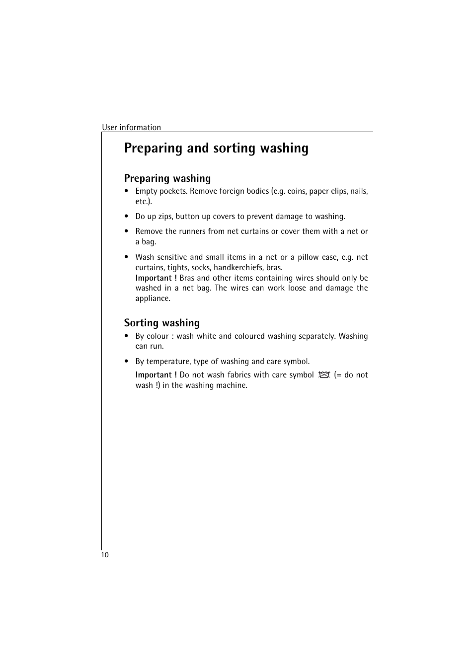 Preparing and sorting washing, Preparing washing, Sorting washing | AEG Lavamat 48580 User Manual | Page 10 / 43