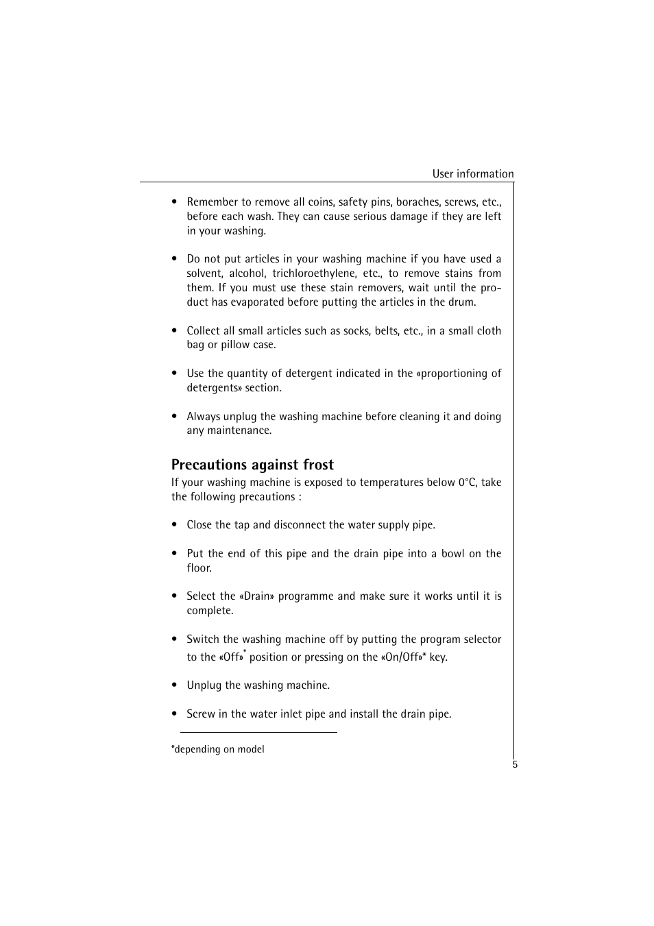 Precautions against frost | AEG Lavamat 48580 User Manual | Page 5 / 43