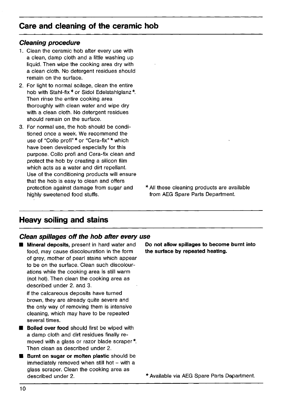 Care and cleaning of the ceramic hob, Heavy soiling and stains | AEG VITRAMIC 725K User Manual | Page 10 / 13