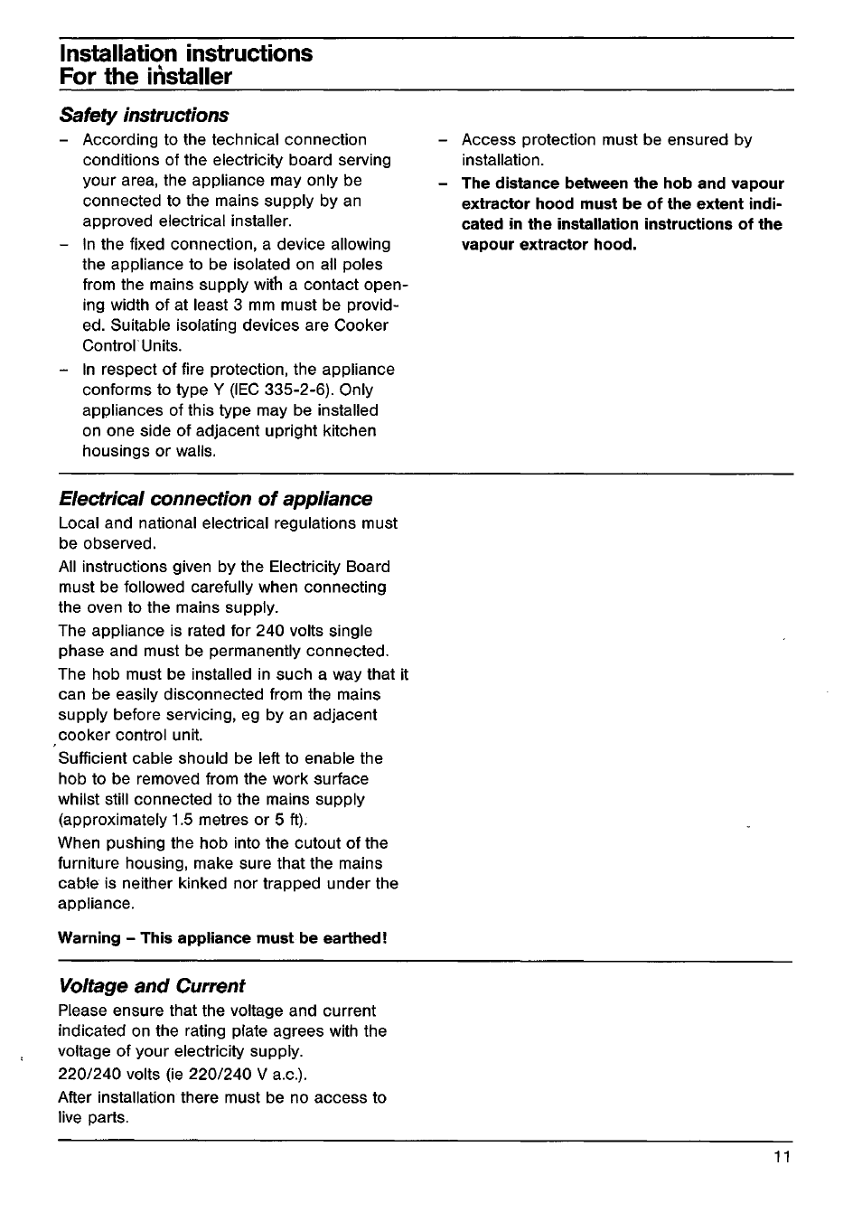 Installation instructions for the installer | AEG VITRAMIC 725K User Manual | Page 11 / 13
