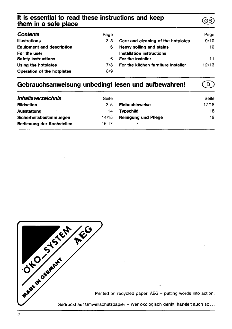Gebrauchsanweisung unbedingt lesen und aufbewahren | AEG VITRAMIC 725K User Manual | Page 2 / 13