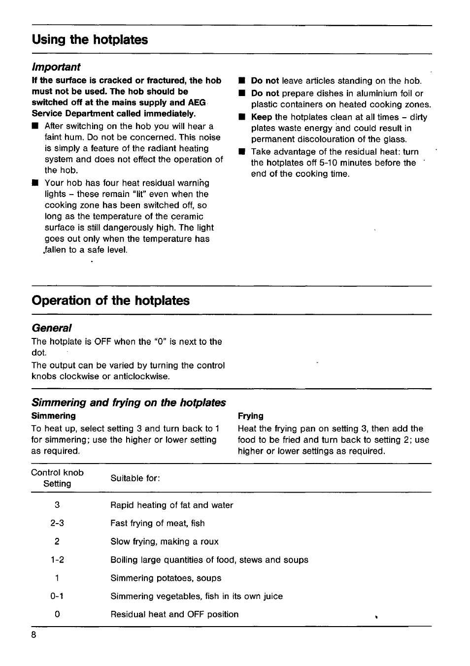 Operation of the hotplates, Using the hotplates | AEG VITRAMIC 725K User Manual | Page 8 / 13