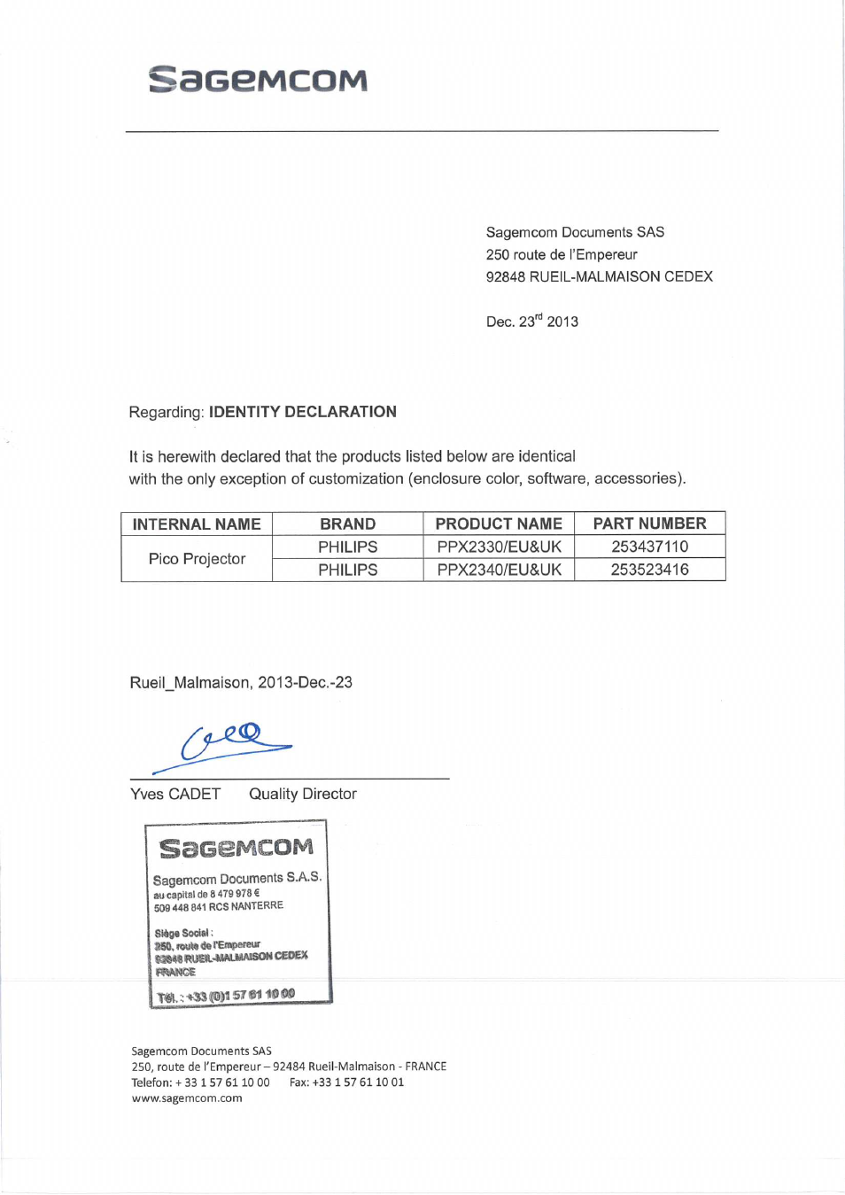 Regarding: identity declaration, Sagemcom | Philips PicoPix Proyector de bolsillo User Manual | Page 4 / 4