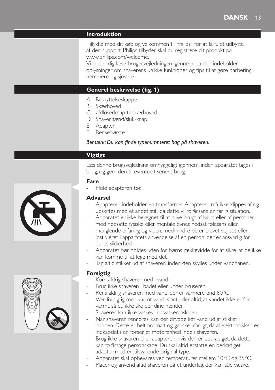 Dansk | Philips SHAVER Series 3000 afeitadora eléctrica en seco User Manual | Page 13 / 102
