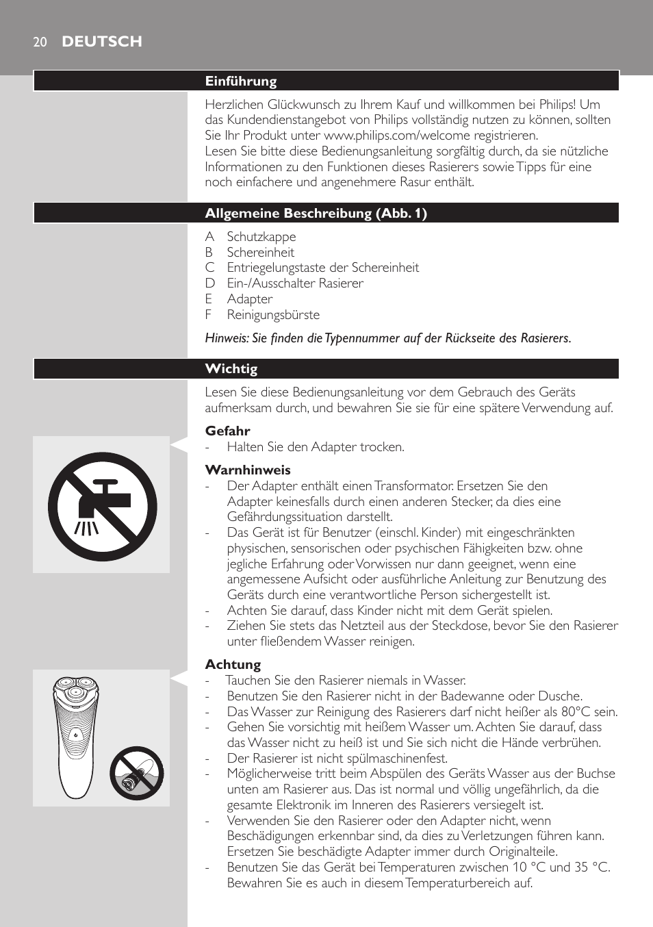 Deutsch, Deutsch 20 | Philips SHAVER Series 3000 afeitadora eléctrica en seco User Manual | Page 20 / 102