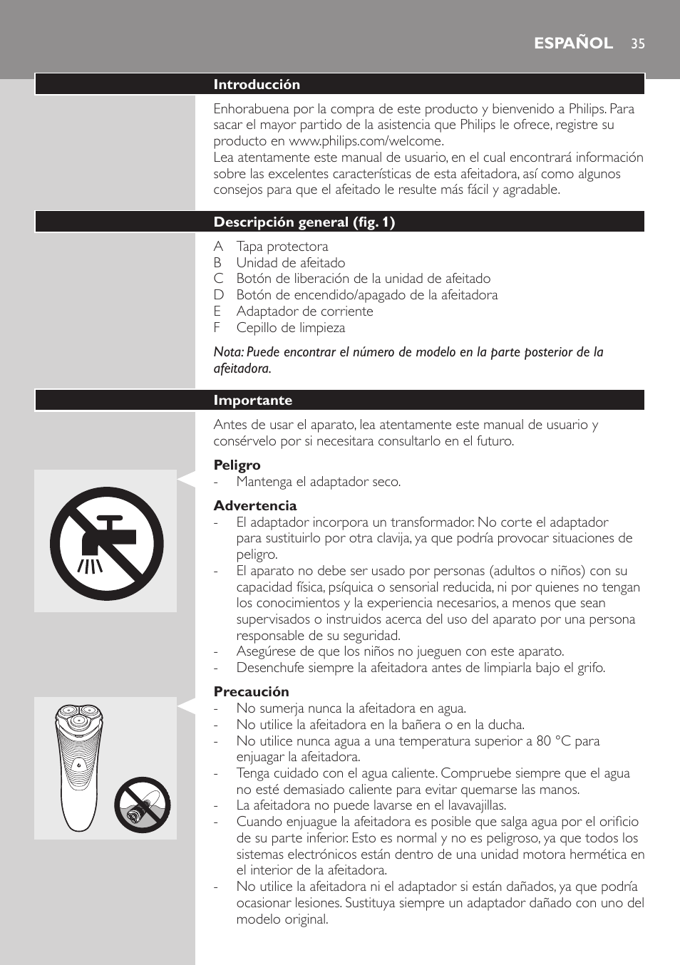 Español | Philips SHAVER Series 3000 afeitadora eléctrica en seco User Manual | Page 35 / 102