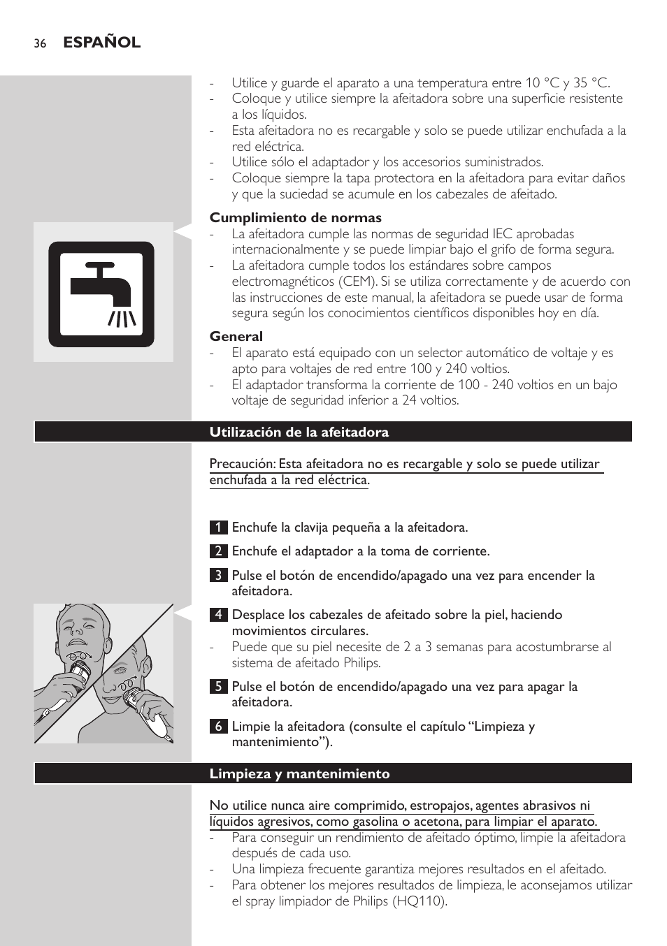 Philips SHAVER Series 3000 afeitadora eléctrica en seco User Manual | Page 36 / 102