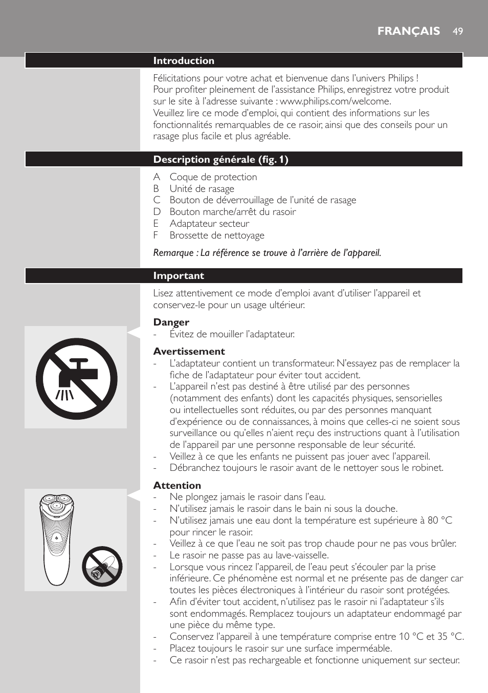 Français, Français 49 | Philips SHAVER Series 3000 afeitadora eléctrica en seco User Manual | Page 49 / 102