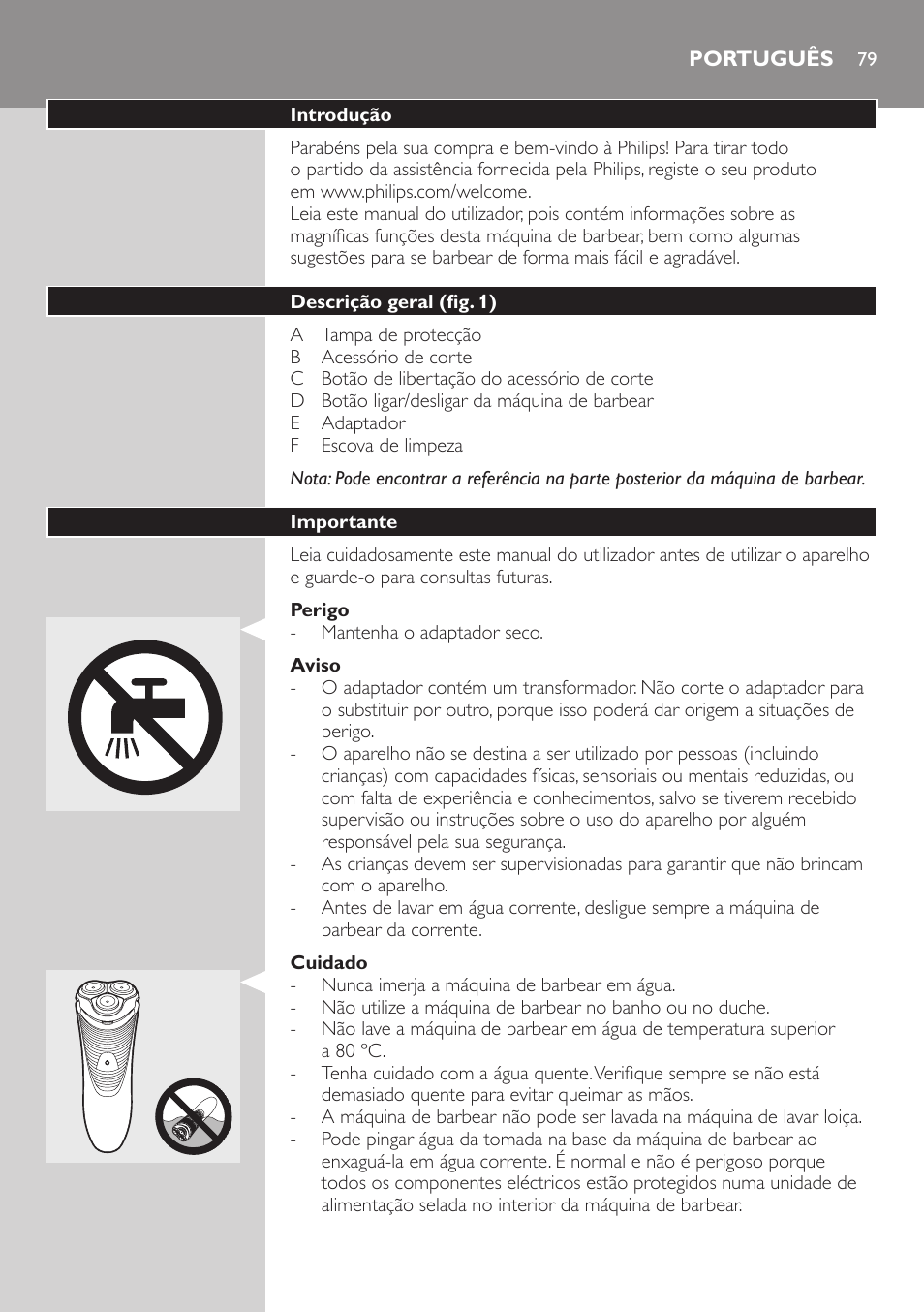 Português | Philips SHAVER Series 3000 afeitadora eléctrica en seco User Manual | Page 79 / 102