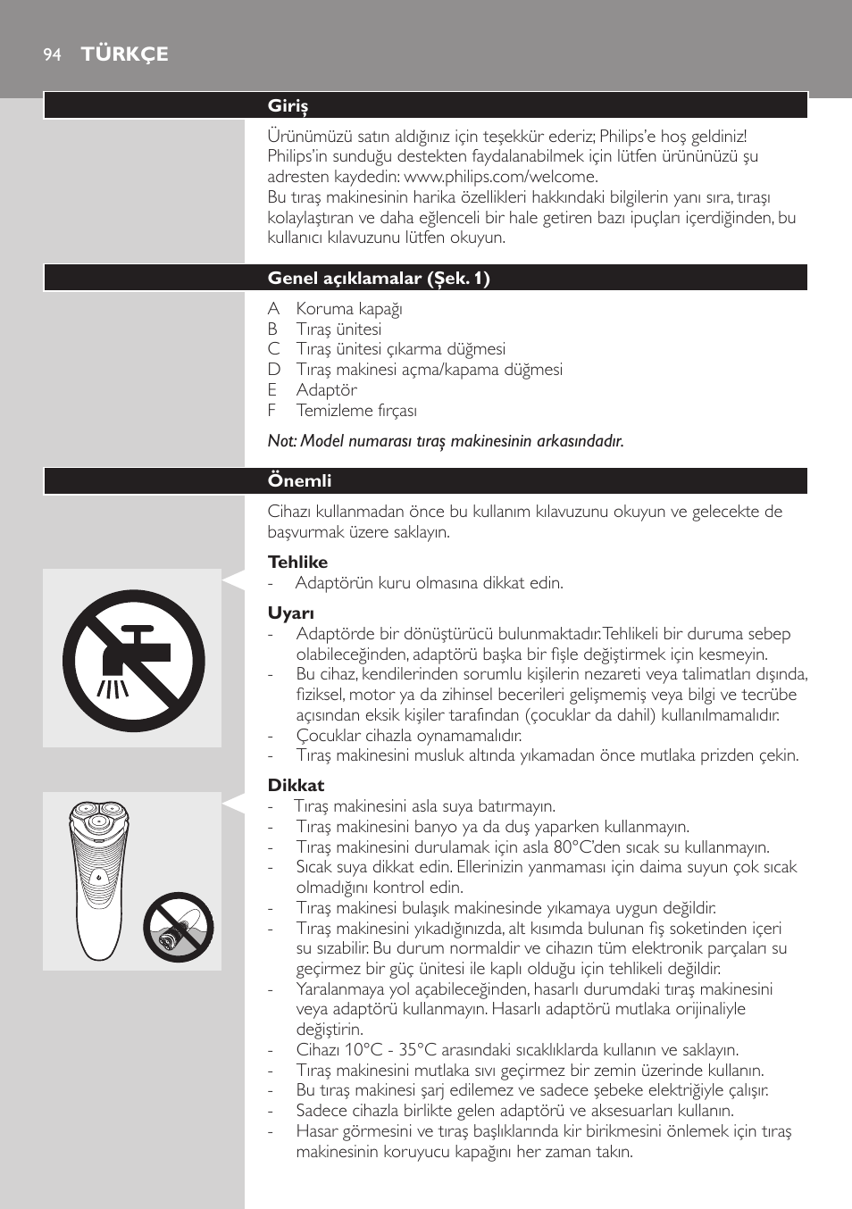 Türkçe, Türkçe 94 | Philips SHAVER Series 3000 afeitadora eléctrica en seco User Manual | Page 94 / 102