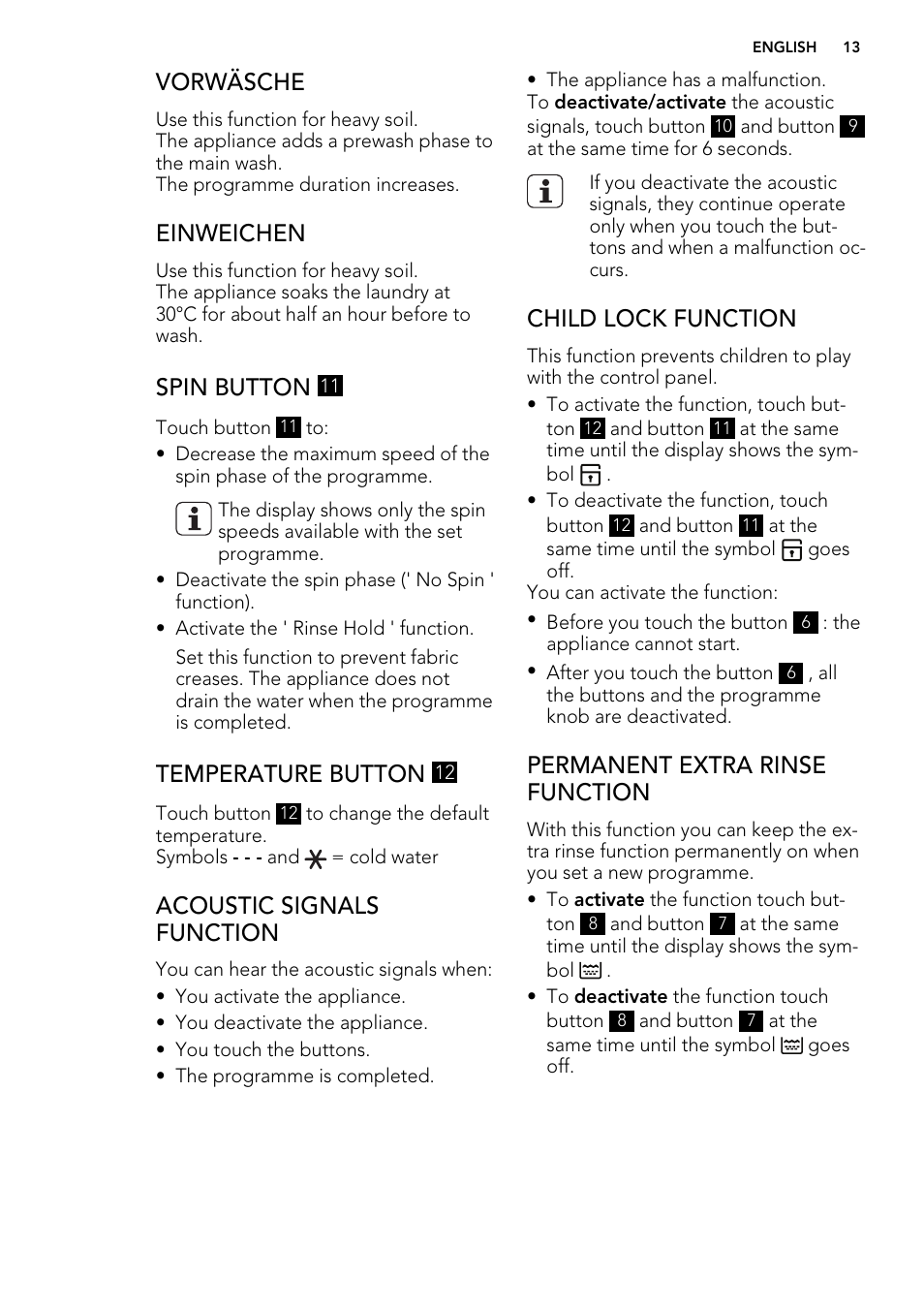 Vorwäsche, Einweichen, Spin button | Temperature button, Acoustic signals function, Child lock function, Permanent extra rinse function | AEG L 98499 FL User Manual | Page 13 / 44