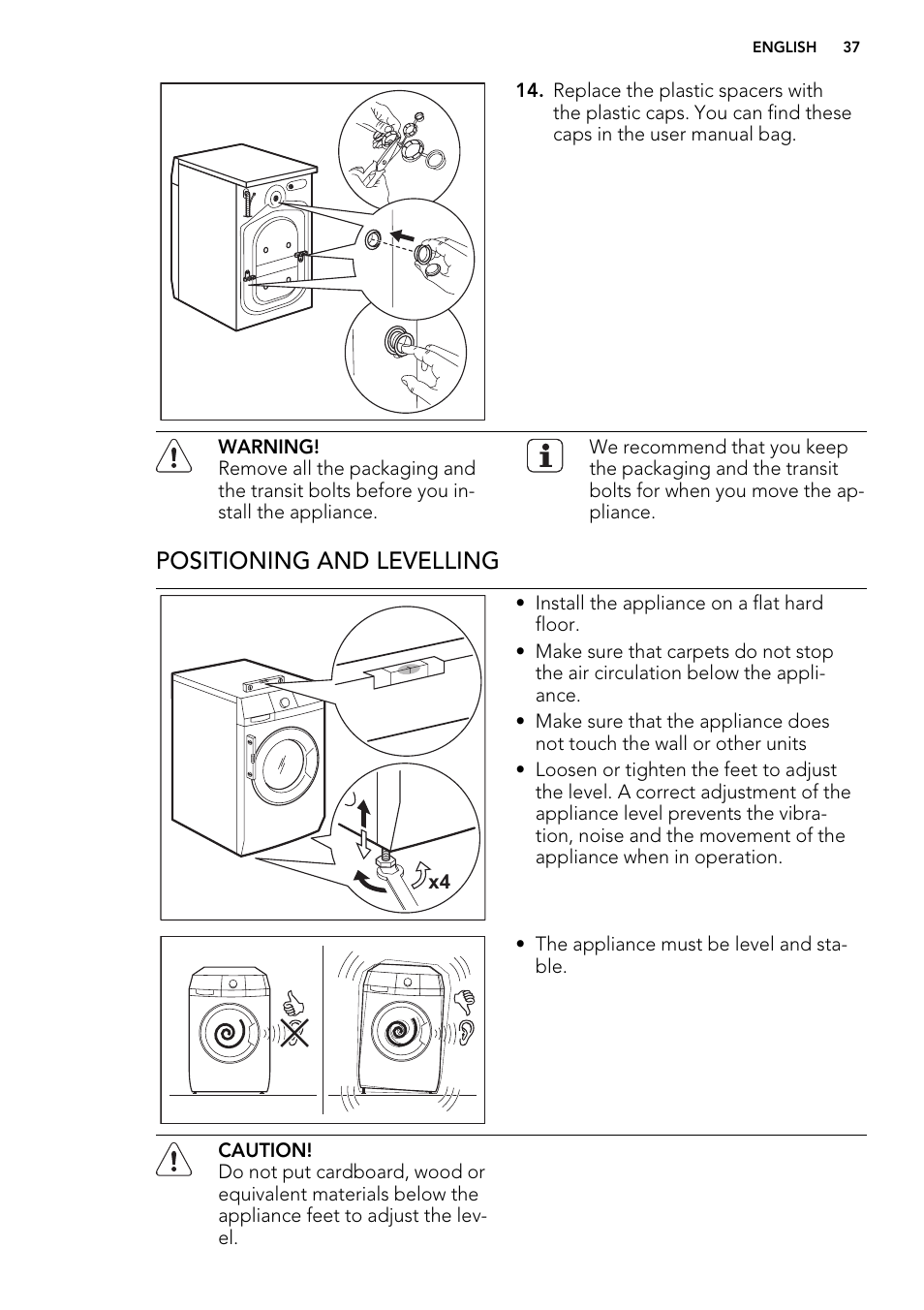 Positioning and levelling | AEG L 98499 FL User Manual | Page 37 / 44