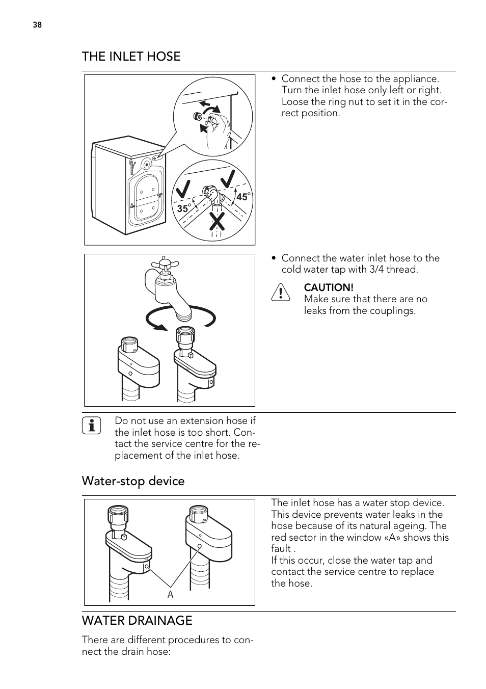 The inlet hose, Water-stop device, Water drainage | AEG L 98499 FL User Manual | Page 38 / 44