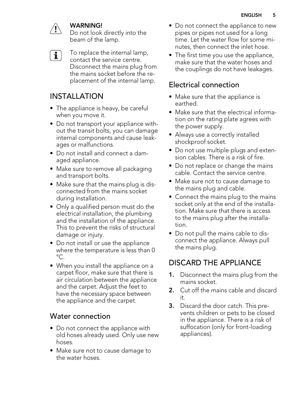 Installation, Water connection, Electrical connection | Discard the appliance | AEG L 98499 FL User Manual | Page 5 / 44